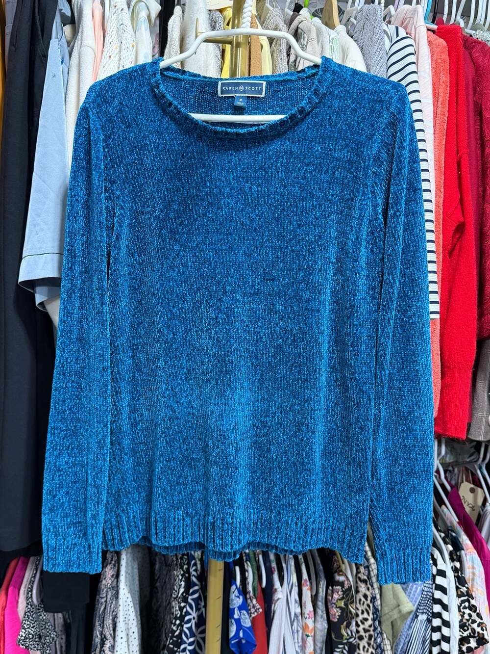 Karen Scott Chenille Sweater Size M Blue Long Sleeve Pullover Crew Neck